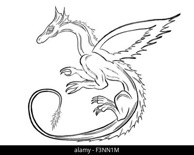 Black dragon during the flight isolated on white background. Hand drawing vector illustration Stock Vector