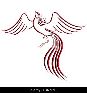 Black and red graceful Firebird contour isolated over white. Hand drawing vector illustration Stock Vector