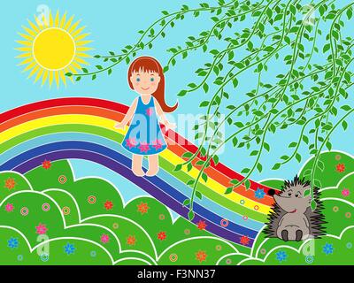 Small children girl on the rainbow in sunny summer day, multicolor vector illustration Stock Vector