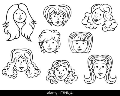 Set with eight funny women contour faces over white, hand drawing cartoon vector illustration Stock Vector