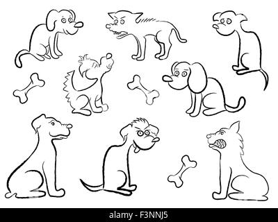 Set of eight black contour of various cartoon dogs, hand drawing vector illustration Stock Vector