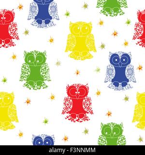 Different colour owl and stars seamless pattern with lace ornamental bodies and without contour lines, hand drawing cartoon vect Stock Vector