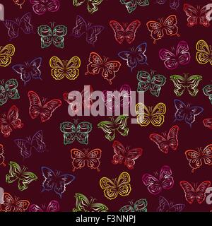 Editable vector seamless pattern with colorful gradient butterflies on a background of dark cherry color Stock Vector