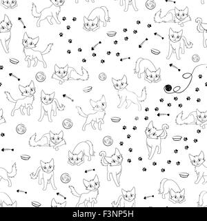 Funny cartoon cats and their accessories, seamless black and white vector pattern Stock Vector