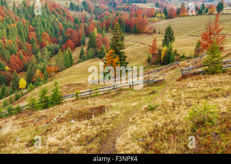 Colorful autumn landscape scene with fence in Transylvania mountain ...