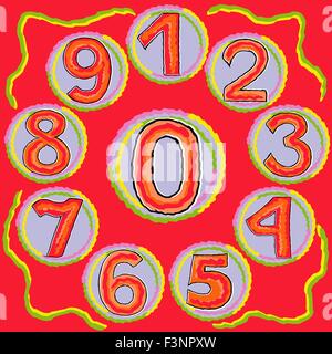 Set of numbers from zero to nine are placed in a circle, hand drawing vector illustration Stock Vector