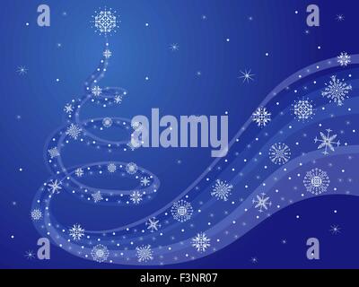 Happy New Year blue composition with swirl Christmas tree and snowflakes as New Year decorations, hand drawing vector illustrati Stock Vector