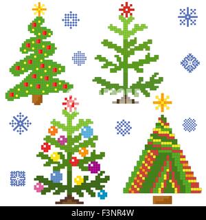 Set of four stylish Christmas Trees with chequered mosaic structure and snowflakes on a white background, vector illustration Stock Vector