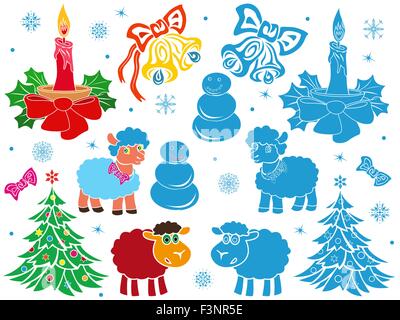 Set of Christmas and New Year vector stencils in colorful and monochrome blue performing Stock Vector