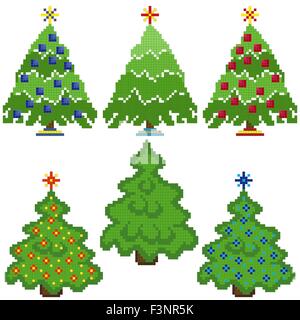 Set of six stylish Christmas Trees with chequered mosaic structure on a white background, vector illustration Stock Vector