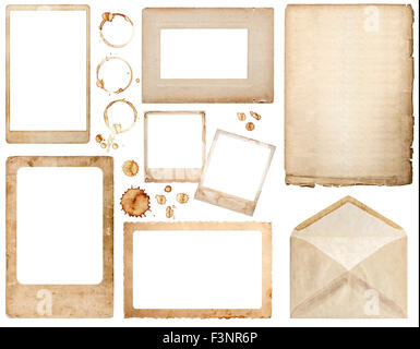 Old used paper, envelope, photo frames and coffee stains isolated on white background. Scrapbook elements Stock Photo