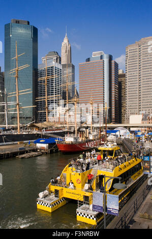 Seaport Pier 16 and 17. Water-taxi stop at Pier 17. Also located here is also a three-storey shopping mall which includes many s Stock Photo