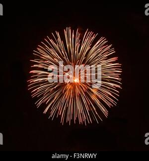 Beautiful firework in white, yellow, golden colors, flower imagination, light art in black background, fireworks background, pop Stock Photo