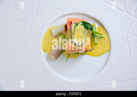 Nouvelle cuisine gourmet salmon fish dish Stock Photo