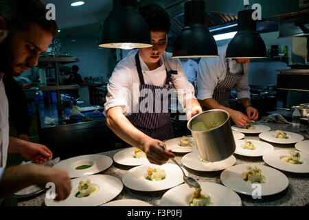 Young chef plating gourmet food Stock Photo