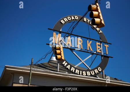 Broad Street Market, sign and traffic lights, Harrisburg, PA, USA Stock Photo