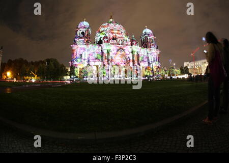 Berlin, Germany. 10th Oct, 2015. The Berliner Dom is illuminated with colorful light. This year's Festival of Lights 2015 starts in Berlin. For ten days 30 buildings, landmarks and places are illuminated in fancy light. © Simone Kuhlmey/Pacific Press/Alamy Live News Stock Photo