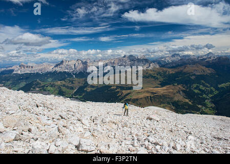 Descending from the summit of Piz Boe in the Sella Group of the Dolomites of Italy Stock Photo