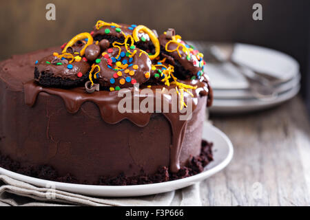 Dark chocolate orange cake with ganashe frosting decorated with mini donuts Stock Photo