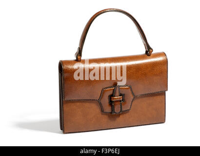 Old vintage brown ladies leather handbag Stock Photo