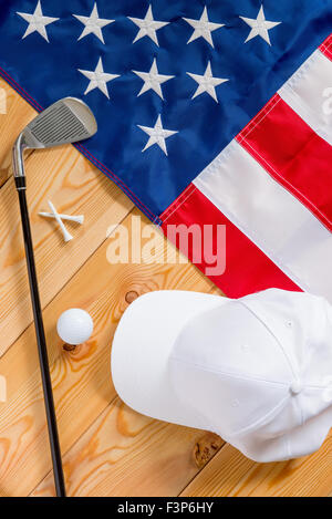 American flag and a set of golf view from above Stock Photo