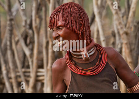 Africa, Ethiopia, Omo River Valley Hamer Tribe woman. The hair is coated with ochre mud and animal fat Stock Photo