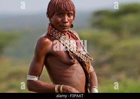 Africa, Ethiopia, Omo River Valley Hamer Tribe woman. The hair is coated with ochre mud and animal fat Stock Photo