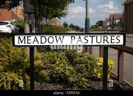 Meadow Pastures sign in Cawston village, Rugby, Warwickshire, England, UK Stock Photo