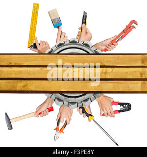 Humans hands holding different tools Stock Photo
