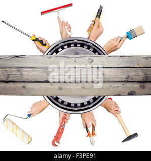 Humans hands holding tools on white background Stock Photo