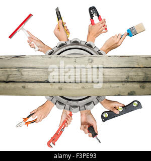 Peoples hands holding tools on white Stock Photo