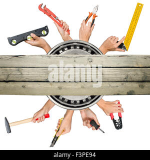 Peoples hands holding tools with deck Stock Photo