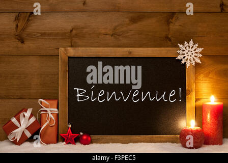 Festive Christmas Card, Blackboard, Snow, Bienvenue Mean Welcome Stock Photo