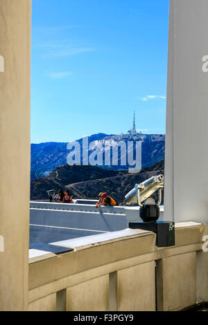 View of the Hollywood sign from the Griffith Observatory in Los Angeles CA Stock Photo