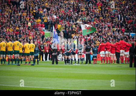 National anthems before the Australia v Wales match, Twickenham Stadium, London, UK. 10th October, 2015. Stock Photo