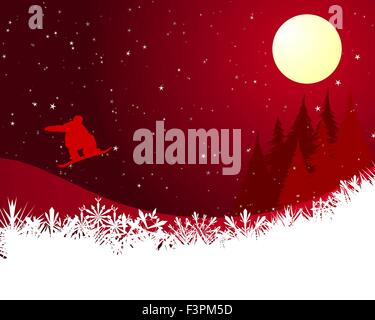 Jumping  snowboarder silhouette over red night  winter forest.  Vector illustration. Stock Vector