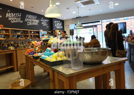 Lush cosmetic cosmetics soap soaps bath bomb shop interior, Liverpool, UK Stock Photo