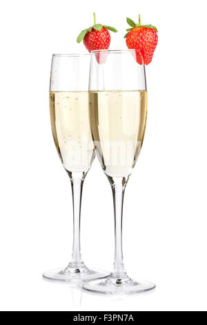 Champagne with strawberry. Isolated on white background Stock Photo