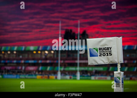 11.10.2015. Kingsholm Stadium, Gloucester, England. Rugby World Cup. USA versus Japan.  The sun sets behind Kingsholm Stadium before kickoff. Stock Photo