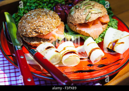 Sandwiches with salmon and salami for lunch Stock Photo