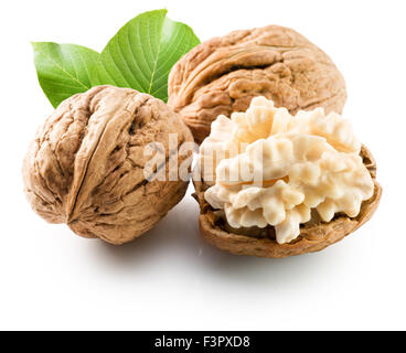 walnuts with leaves isolated on the white background. Stock Photo