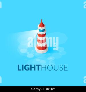 Flat isometric red lighthouse icon on blue sea Stock Vector