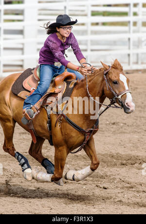 Rodeo cowgirl on horseback competing in barrel racing event, Chaffee County Fair & Rodeo, Salida, Colorado, USA Stock Photo