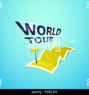 World tour concept logo, long route in travel map with guide marker Stock Vector