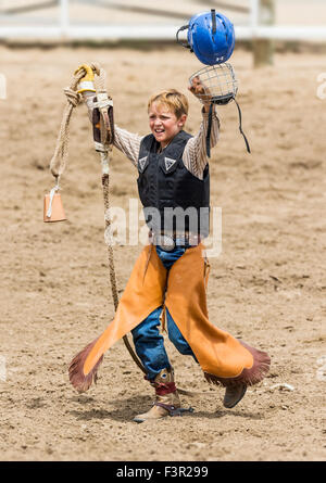 Young cowboy falling from a small steer in the Junior Steer Riding competition, Chaffee County Fair & Rodeo, Salida, Colorado Stock Photo