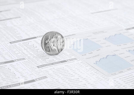 South African Rand Coin on a News paper Stock market financial page showing stocks and shares Stock Photo