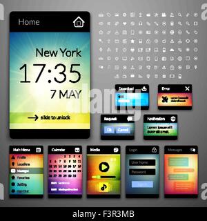 Mobile interface elements with colorful wallpaper and icon set, design for applications Stock Vector