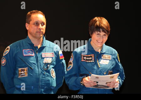 Naples, Italy. 11th Oct, 2015. Samantha Cristoforetti (right) and Anton Shkaplerov (left) in a press conference about their second long-duration mission of ASI. Credit:  Salvatore Esposito/Pacific Press/Alamy Live News Stock Photo