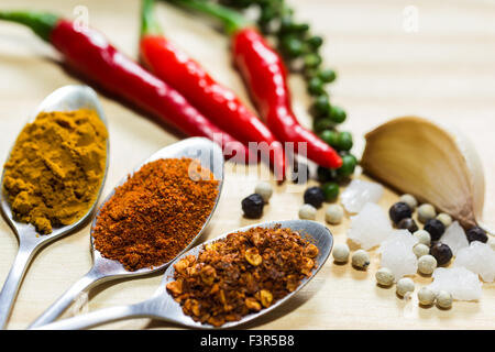 three type of spices and herb on wood background,selective focus Stock Photo