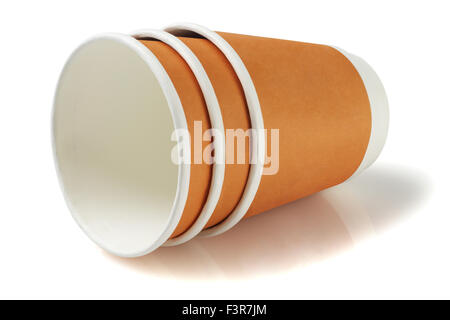 Disposable Paper Coffee Cups Lying on White Background Stock Photo